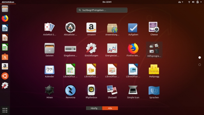Die Übersicht des Apps-Button zeigt die Gnome-Grundlage. (Bild: Ubuntu, Screenshot: Golem.de)